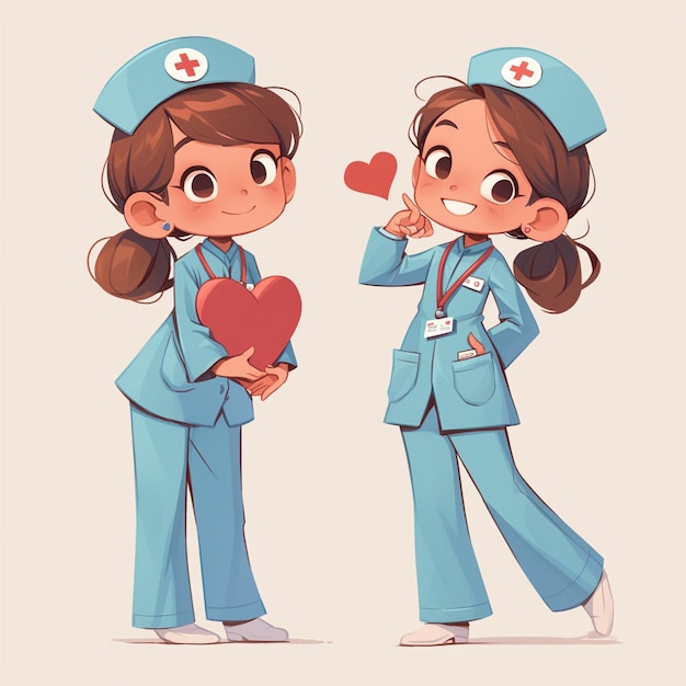 couple d'infirmières de dessins animés avec cœur et stéthoscope