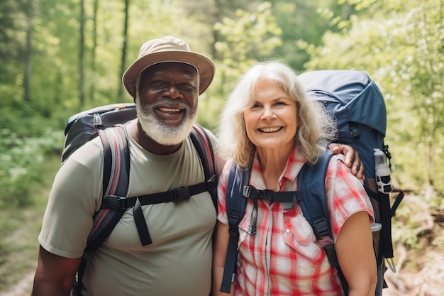Couple interracial actif à la retraite en randonnée à l'extérieur AI générative