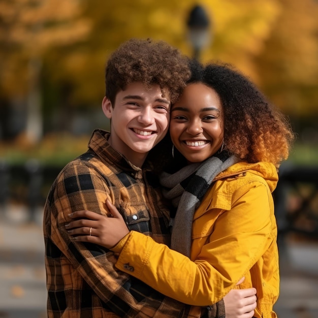 Photo un couple interracial adolescent aimant profite d'une journée d'automne romantique