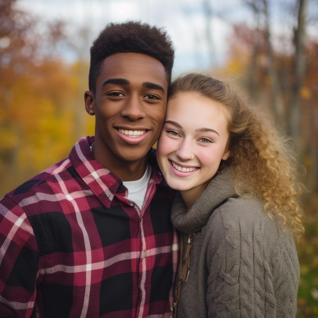 Un couple interracial adolescent aimant profite d'une journée d'automne romantique