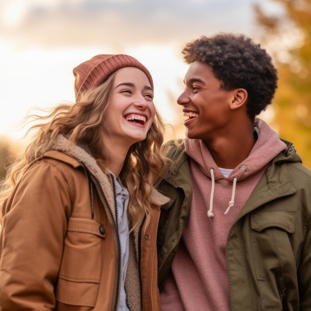 Photo un couple interracial adolescent aimant profite d'une journée d'automne romantique