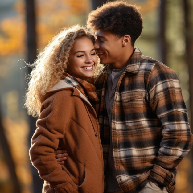 Un couple interracial adolescent aimant profite d'une journée d'automne romantique
