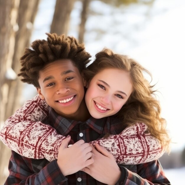 Photo un couple interracial adolescent aimant profite d'une journée d'hiver romantique