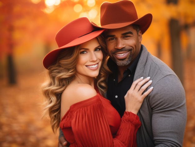 Un couple interracial aimant profite d'une journée d'automne romantique
