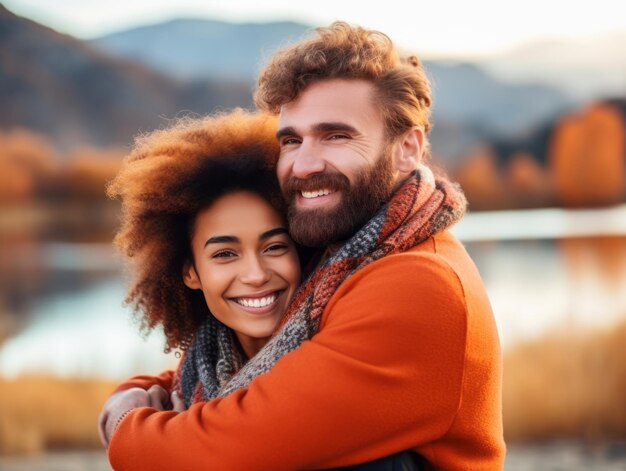 Un couple interracial aimant profite d'une journée d'automne romantique