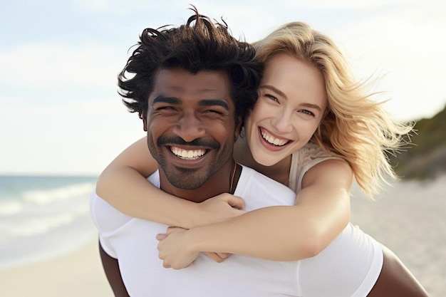 Photo un couple interracial heureux ou des amis riant à dos de cochon sur la plage