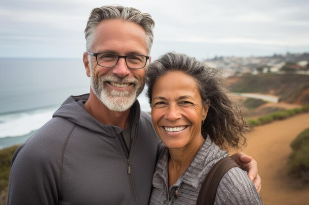 Photo un couple interracial plus âgé souriant apprécie une promenade le long de la côte par une journée venteuse tourisme à la retraite