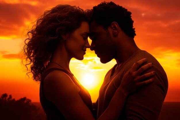 un couple interracial s'embrassant dans le contexte d'un magnifique coucher de soleil