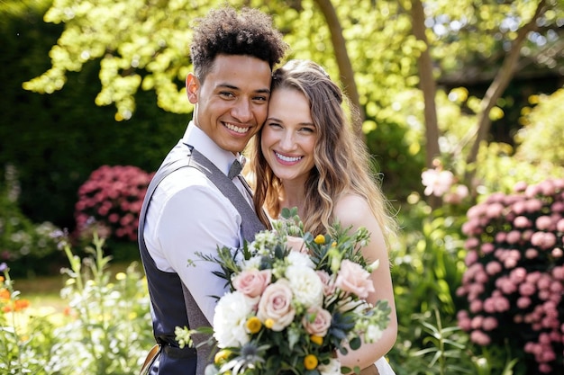 Un couple interracial souriant s'étreint le jour de leur mariage avec la mariée tenant un bouquet