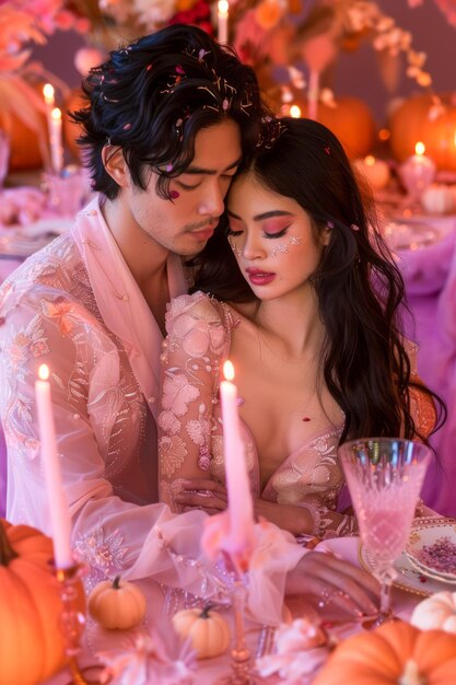 Photo un couple intime jouissant d'un dîner romantique à la chandelle avec un décor élégant et une ambiance chaleureuse