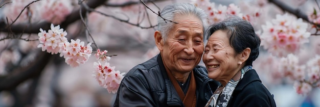 Un couple japonais âgé et heureux se sourient et s'embrassent sous un cerisier en fleurs.
