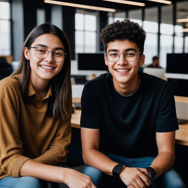 couple de jeunes adolescents heureux au bureau de travail IA générative