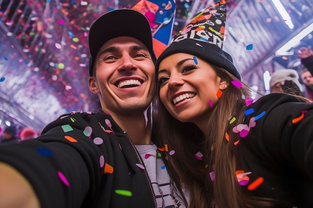 Un couple de jeunes gens souriants et se prenant des selfies heureux Des couples fiancés célèbrent et prennent des photos entourés de confettis Célébration et concept d'événementxA