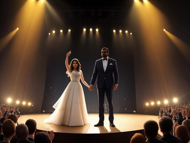 Un couple de jeunes mariés heureux dansant ensemble dans une salle de fête