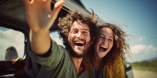 Un couple de jeunes touristes heureux au volant d'un camping-car agitant les mains par la fenêtre AI générative