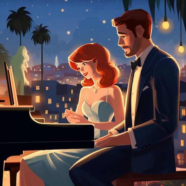 un couple jouant du piano dans une scène de nuit avec la date en arrière-plan.