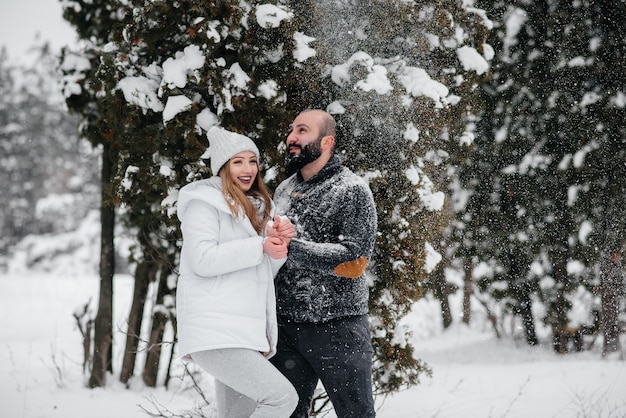 Couple, jouer, neige, forêt