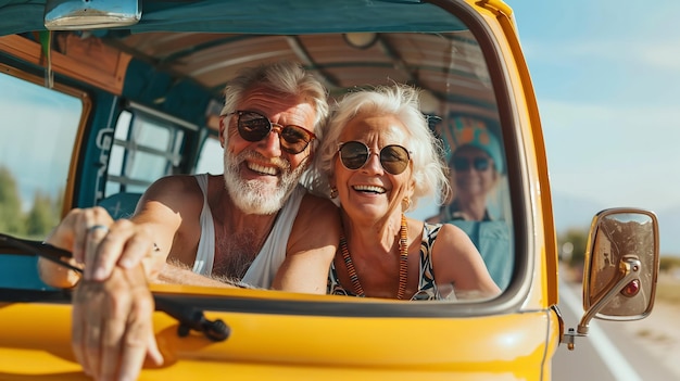 Un couple joyeux d'aînés appréciant des vacances ensemble tout en faisant une tournée dans une voiture classique IA générative