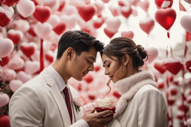 un couple joyeux assis sur le lit face à face avec des verres de champagne célébrant ensemble la Saint-Valentin