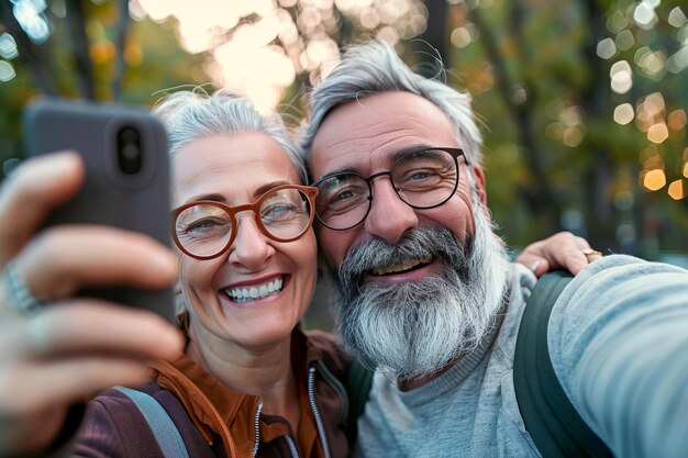 Un couple joyeux aux cheveux gris capture un selfie au coucher du soleil au milieu du feuillage d'automne.