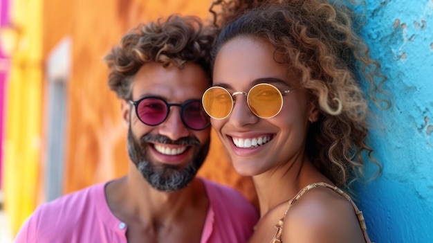 Un couple joyeux avec des lunettes de soleil colorées