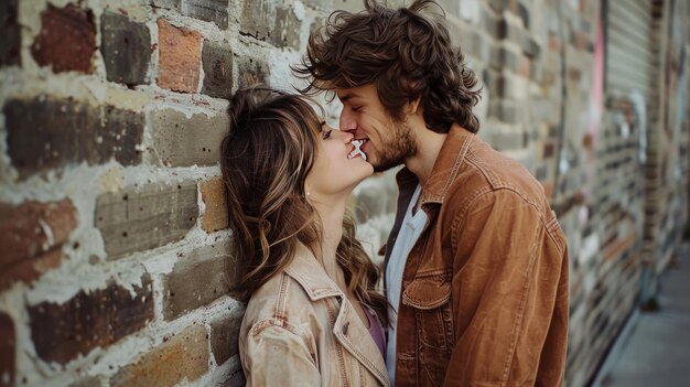 Un couple joyeux s'embrase et s'embrasse alors qu'ils se tiennent à côté d'un mur de briques.