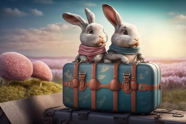 Photo couple de lapins de pâques voyageant avec une valise drôle de pâques joyeuses pâques ai générative