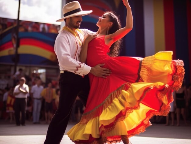 Photo un couple latin dansant la cumbia sur scène.