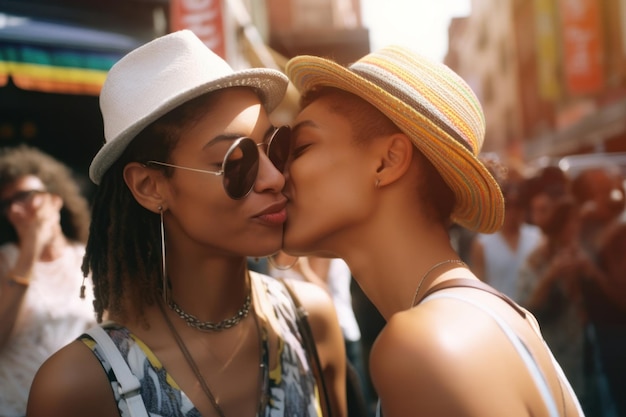 Un couple lesbien interracial s'embrassant dans la rue pour célébrer la journée de la fierté LGBTQIA Generative AI