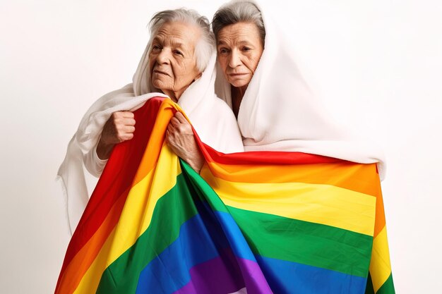 Un couple de lesbiennes âgées avec un drapeau de fierté LGBTQ dans le studio