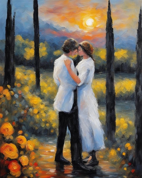 Un couple de lesbiennes amoureuses s'embrassant avec passion peinture numérique blanc et indigo coups de pinceau profonds