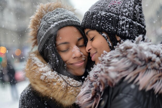 Photo un couple de lesbiennes dominicaines affichant leur affection dans la rue d'hiver.