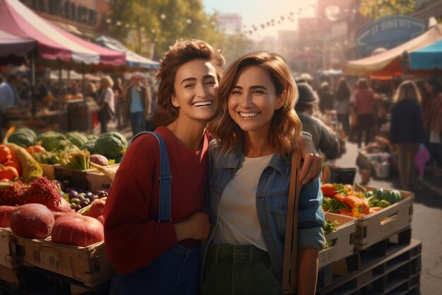 Un couple de lesbiennes explorant un marché de fermiers animé