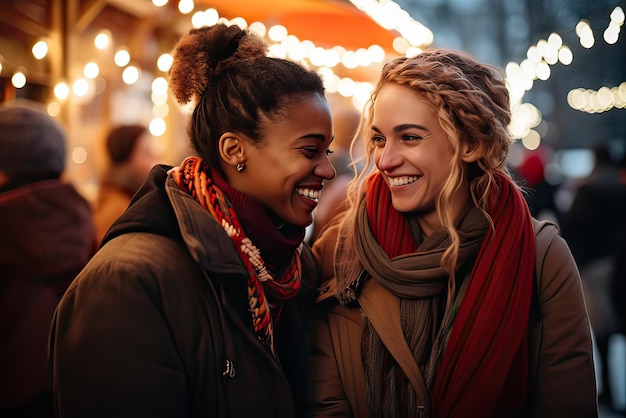 Un couple de lesbiennes heureux et souriants amoureux, des amies qui s'embrassent et sourient au marché de Noël d'hiver.