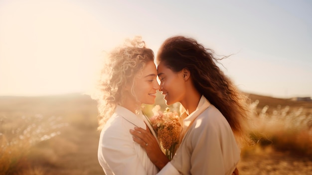 Un couple de lesbiennes heureux et souriants