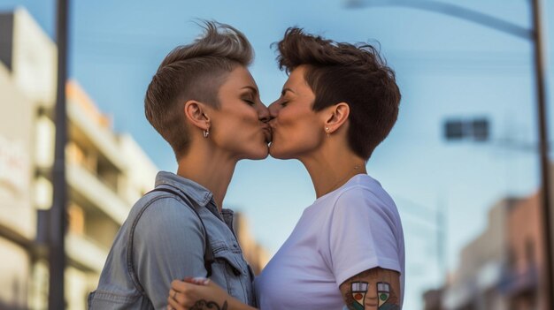 Un couple de lesbiennes qui s'embrassent dans la rue.