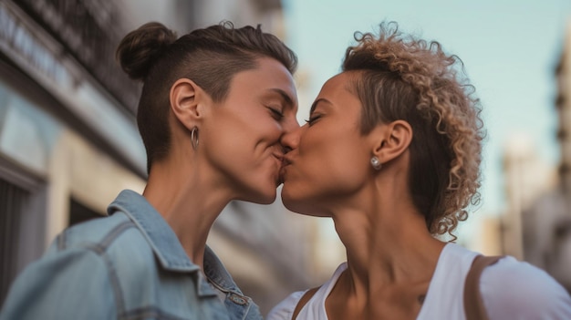 Un couple de lesbiennes qui s'embrassent dans la rue.