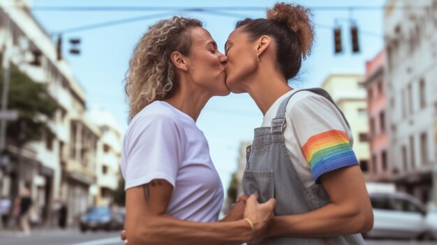 Un couple de lesbiennes qui s'embrassent dans la rue.