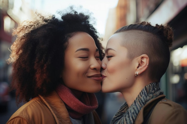 Couple de lesbiennes s'embrassant dans la rue de la ville Generative AI