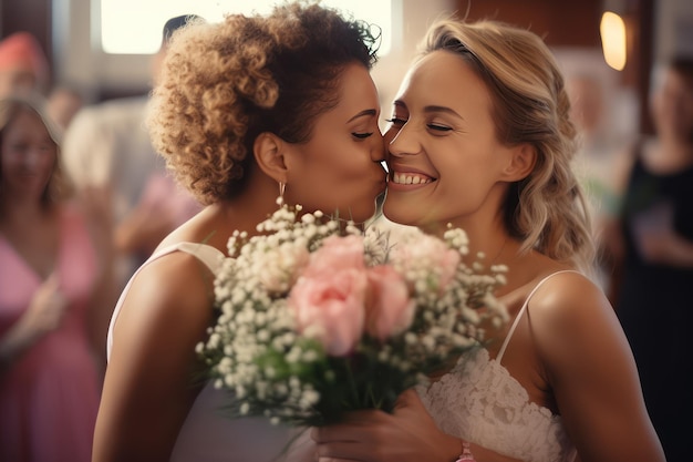 Un couple de lesbiennes s'embrassent pour le mariage ensemble pour toujours aimant un couple de lesbiennes heureux le jour du mariage