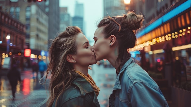 Un couple de lesbiennes s'embrassent en ville en gros plan.
