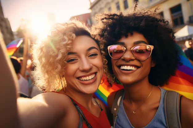 Un couple de lesbiennes souriants prenant un selfie ensemble