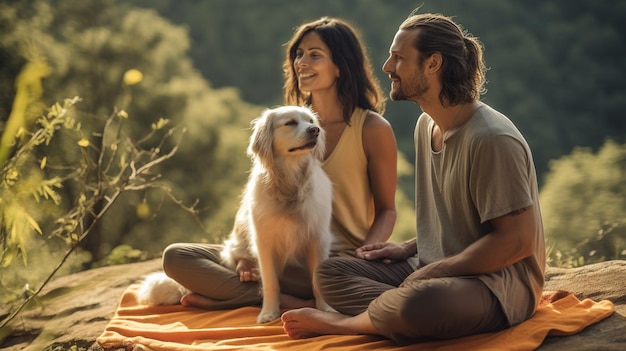 Photo un couple et leur chien participent en arrière-plan