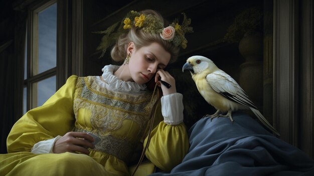 Photo un couple et leur cockatiel écoutaient du papier peint