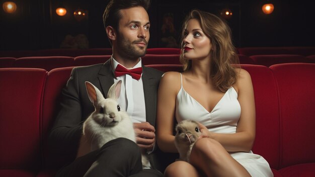 Un couple et leur lapin regardent un papier peint de comédie