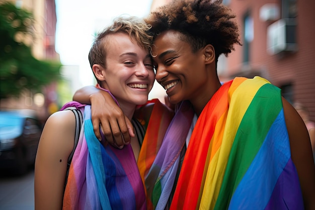 Photo un couple lgbt dans la ville à la fierté des femmes avec un drapeau arc-en-ciel