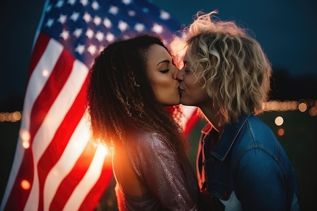 Un couple LGBT s'embrasse sur le fond du drapeau américain deux femmes célèbrent le 4 juillet