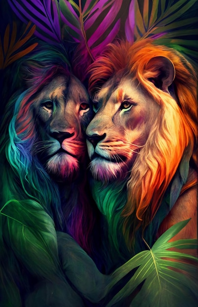 Couple de lions gays dans la jungle Représentation LGBT Créé avec la technologie Generative Al