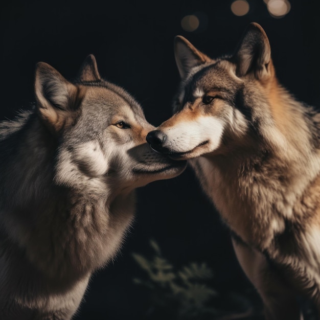 Un couple de loups debout l'un à côté de l'autre image générative ai