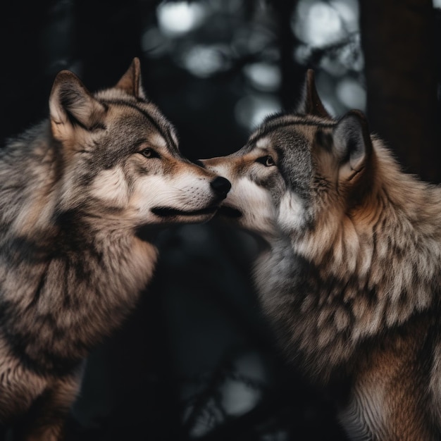 Un couple de loups gris debout l'un à côté de l'autre Image AI générative